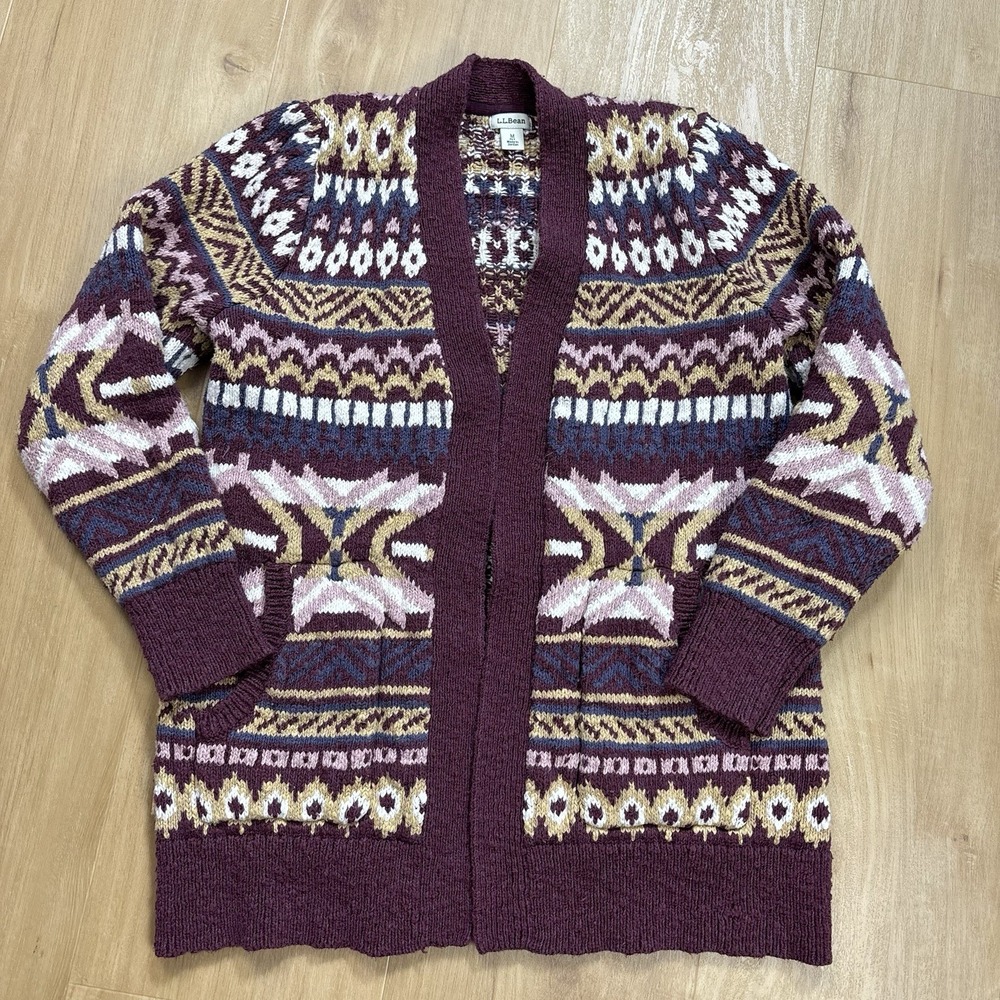 LL Bean Women Petite Medium Fair Isle Open Front Cardigan Sweater Maroon Cotton